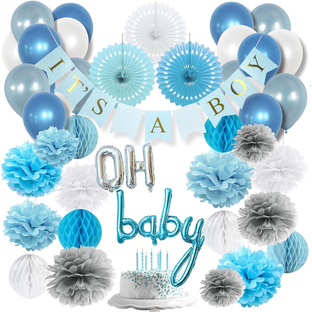 VIDAL CRAFTS Baby Shower Decorations for Boys, Boys Banner, Party Decorations Kit, Paper Fans, OH BABY Foil and Latex Balloons, Tissue Paper Pom Poms, Honeycomb Balls, Party Supplies for Boys