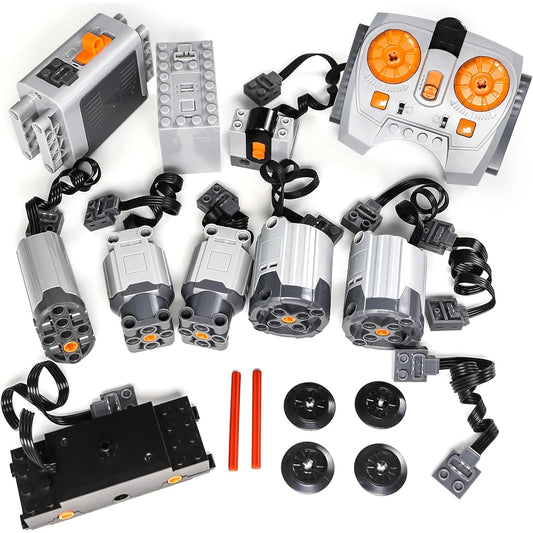 14 piece power functions set compatible with ASTEM Technic Group, includes train motor power set, servo motor, XL/L motor and speed control remote control.