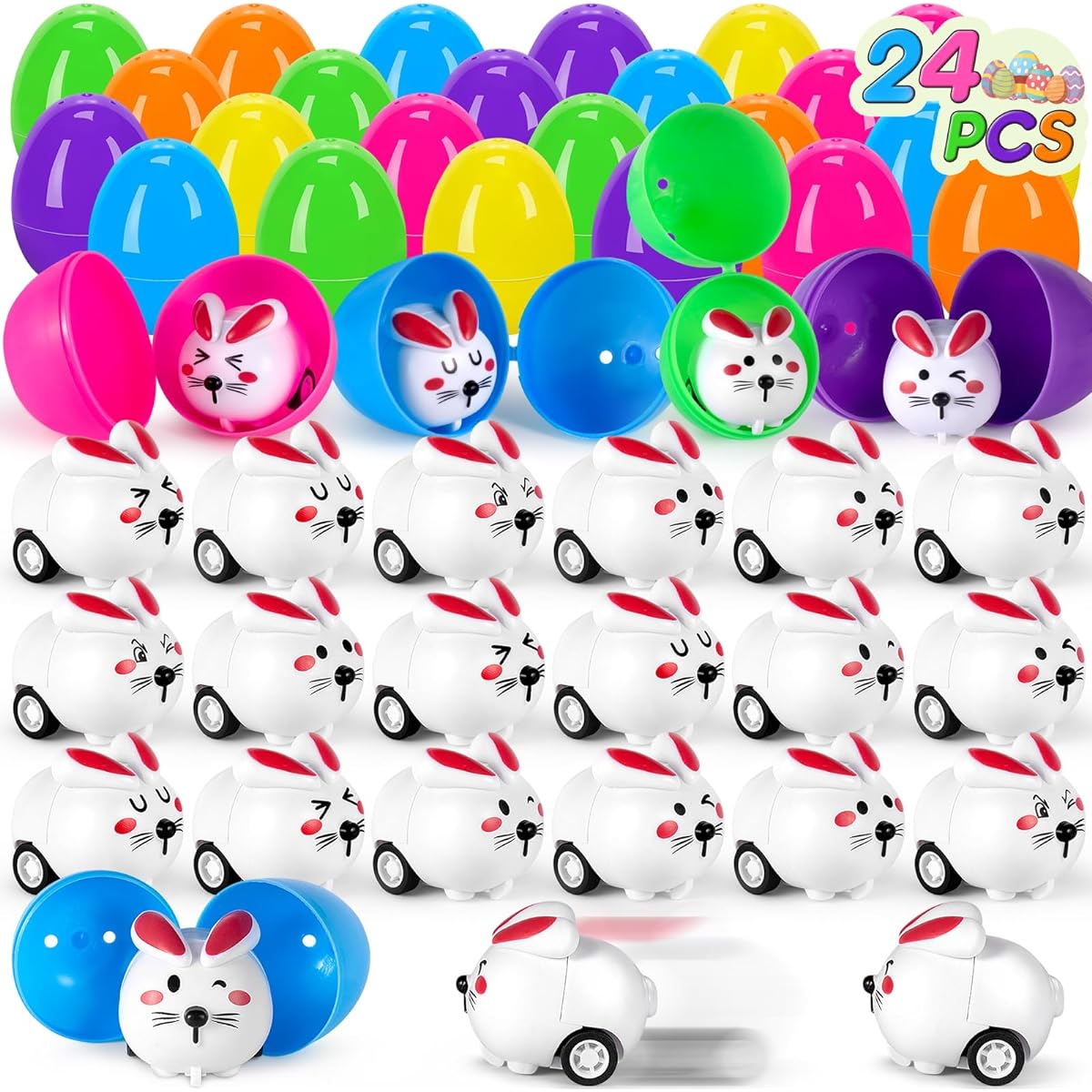 CHMYWJ 24 Pack Easter Eggs with Bunny Pull Back Cars Easter Hunt Eggs Easter Basket Fillers Stuffers for Toddlers Kids Easter Party Favors Gifts for Boys and Girls with Toys