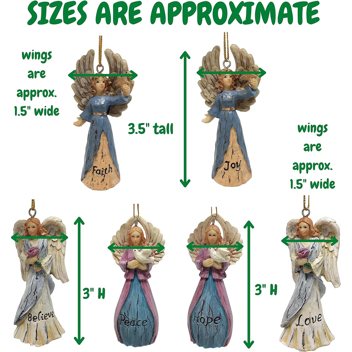 Set of 6 Angel Christmas Tree Ornaments - Angel Theme Christmas Decorations - 6 Different Designs - Faith Believe Hope Love Joy Peace