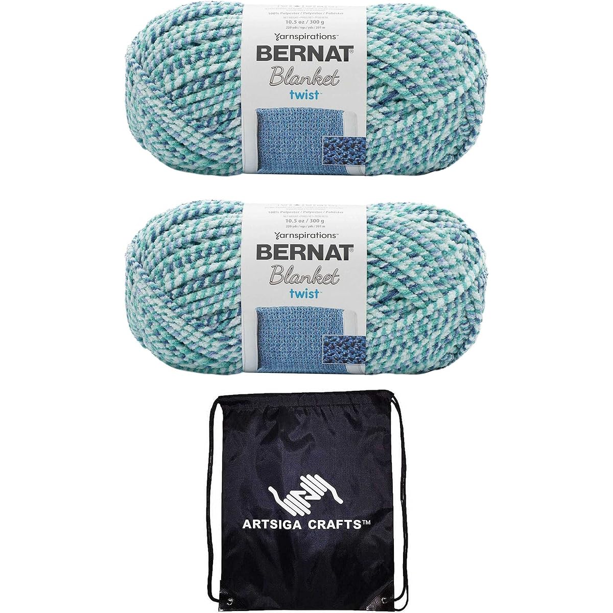 Bernat Blanket Twist Yarn Making Waves 161957-57005 (2 Skeins) Same Dyed Lot Weight S Bulky #6 Soft 100% Polyester Bundle with 1 Artsiga Kraft Bag