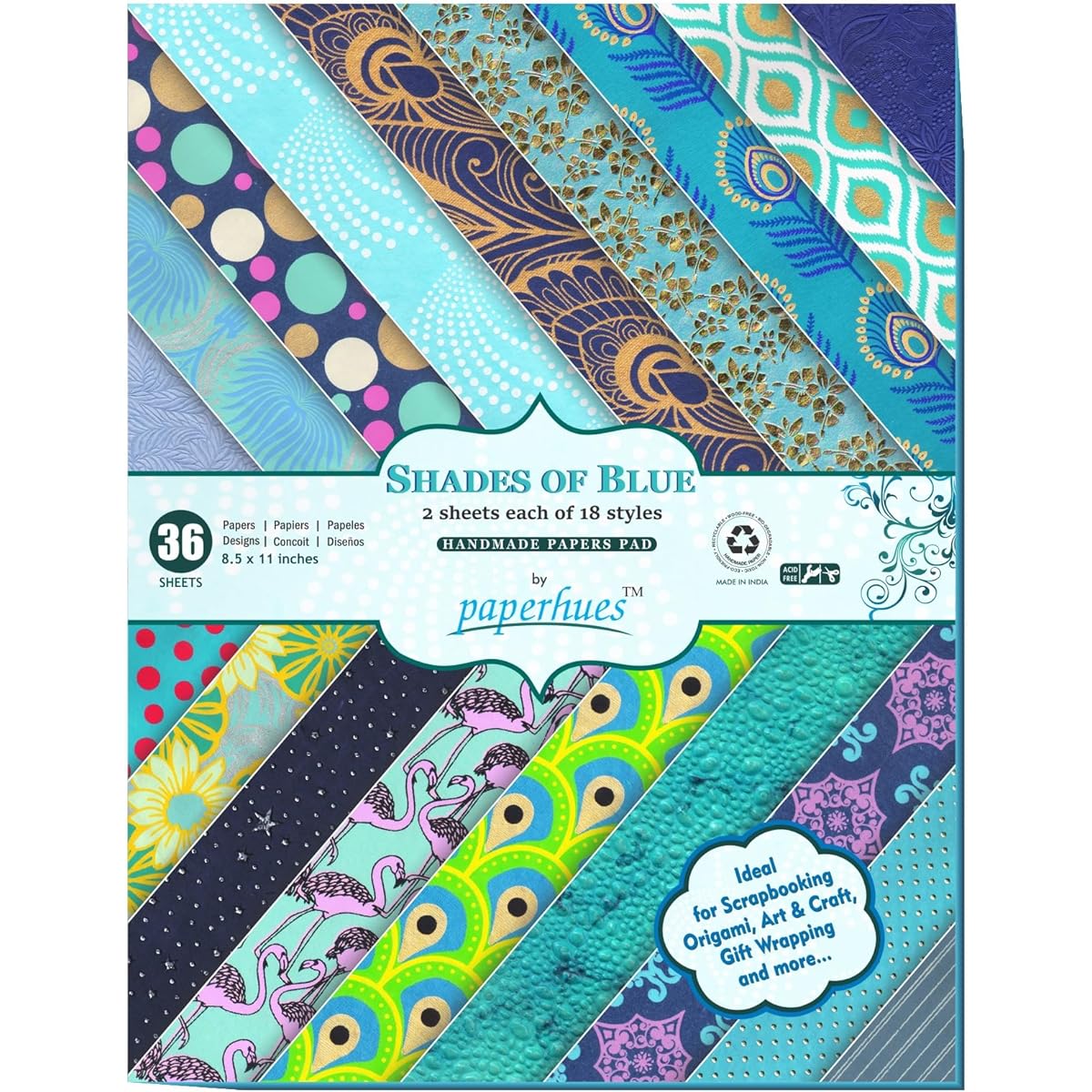 Paperhues Shades of Blue Handmade Scrapbook Paper 8.5 x 11 Inch Pad of 36 Sheets (2 of Each of 18 Styles)