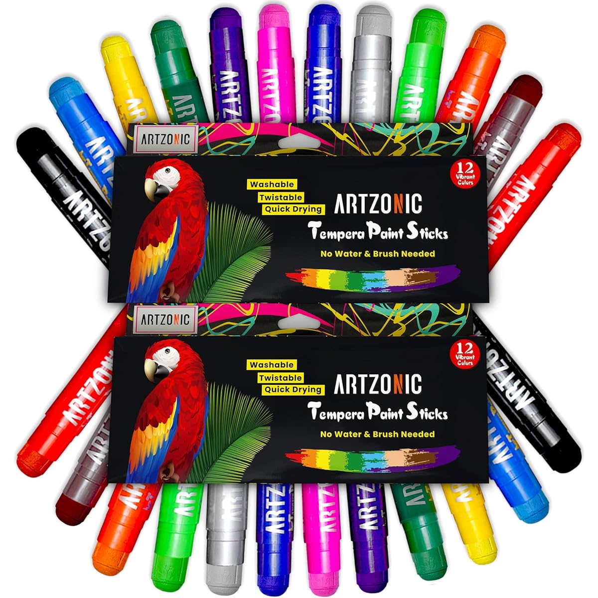 Tempera Paint Sticks 24 Colors for Kids Washable - Quick Dry Solid Tempera Paint Sticks with Ergonomic Granular Grip and Clear Nib - Perfect for Beginners and Pros