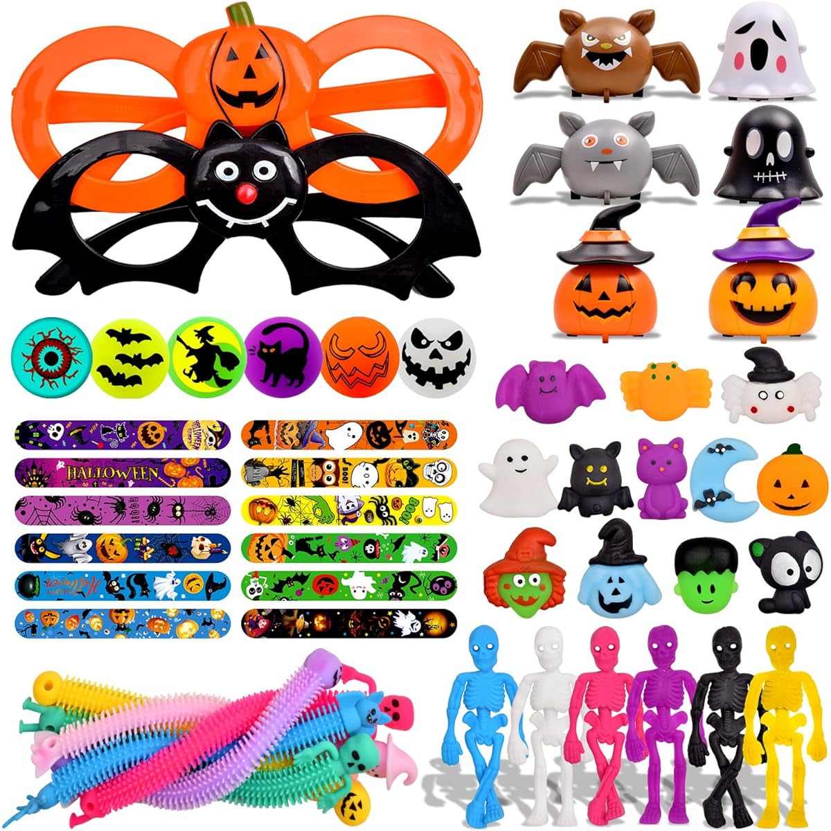 Halloween toys, Halloween party souvenirs, bulk shopping items, kids gifts, class prizes, squishy toys, skeletons, glow in the dark sticky balls, slap bracelets, pull back cars, etc.