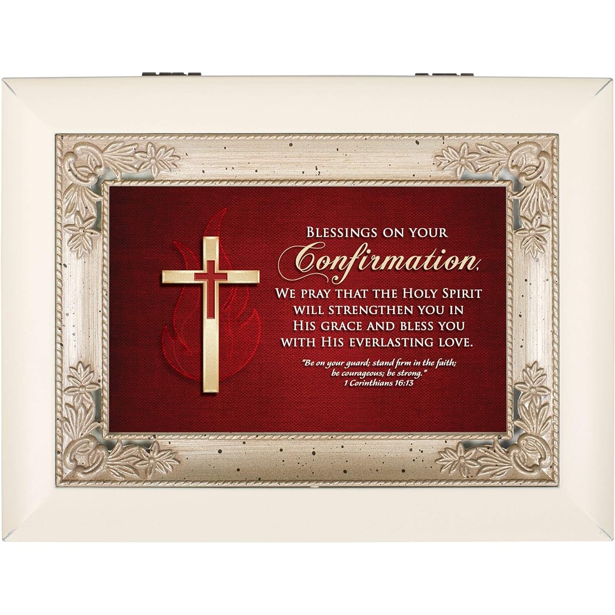 Cottage Garden Confirmation Blessings Ivory and Silver Italian Style Music Box Plays Ave Maria