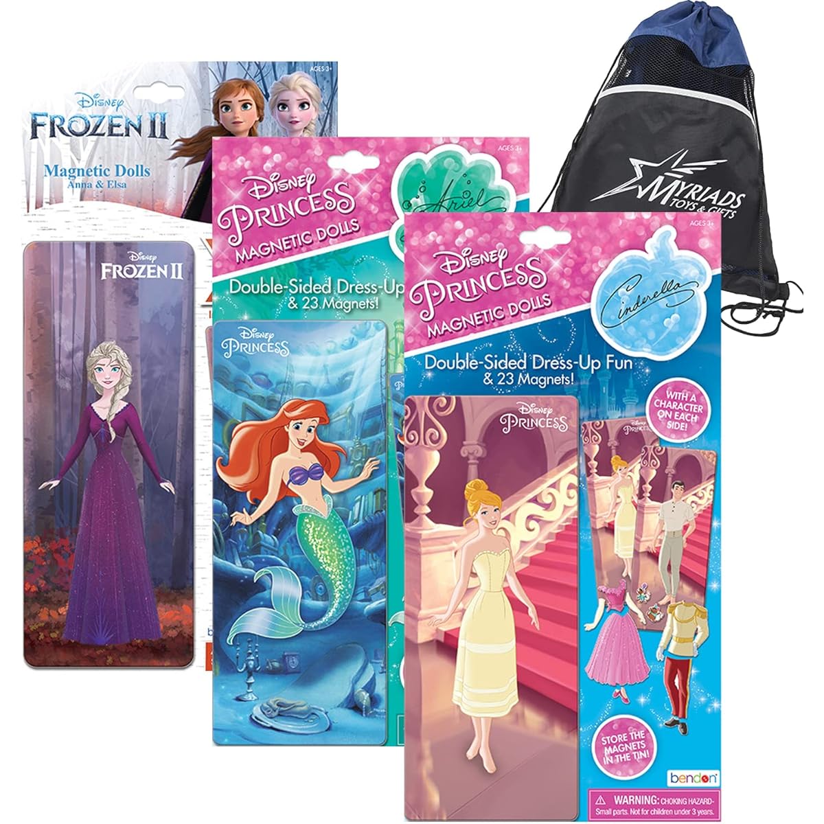 Bendon Disney Princess Magnetic Activity Set - 3 Pack Girls Magnetic Paper Dolls - Frozen, Little Mermaid, Cinderella