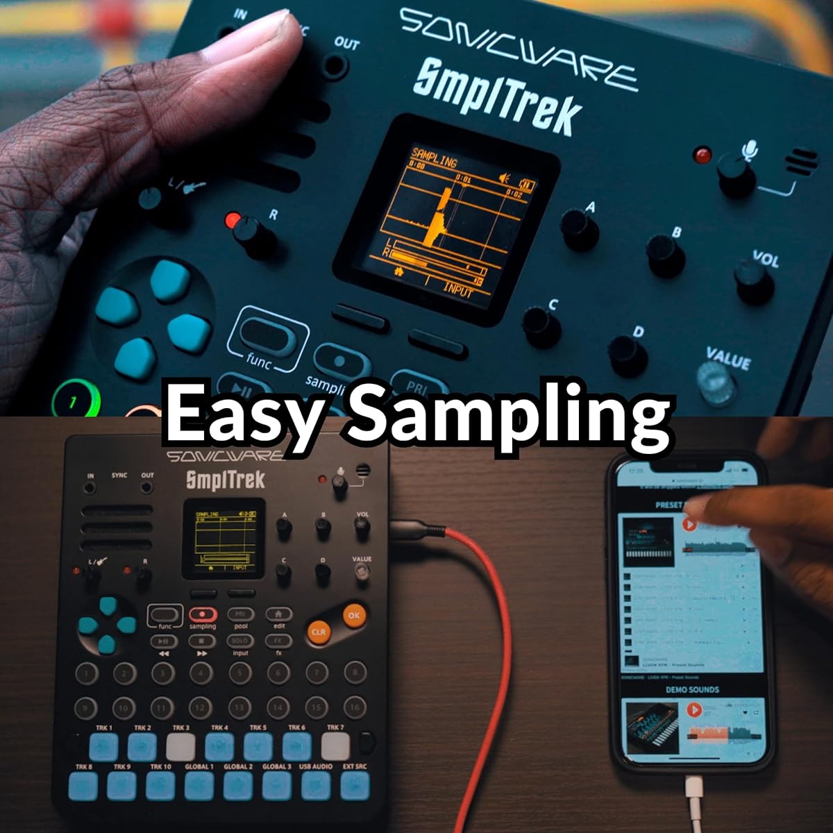 SONICWARE SmplTrek [Portable Production Sampler] 15 touch-sensitive full-color LED pads, built-in microphone and built-in speaker, battery powered, USB audio interface