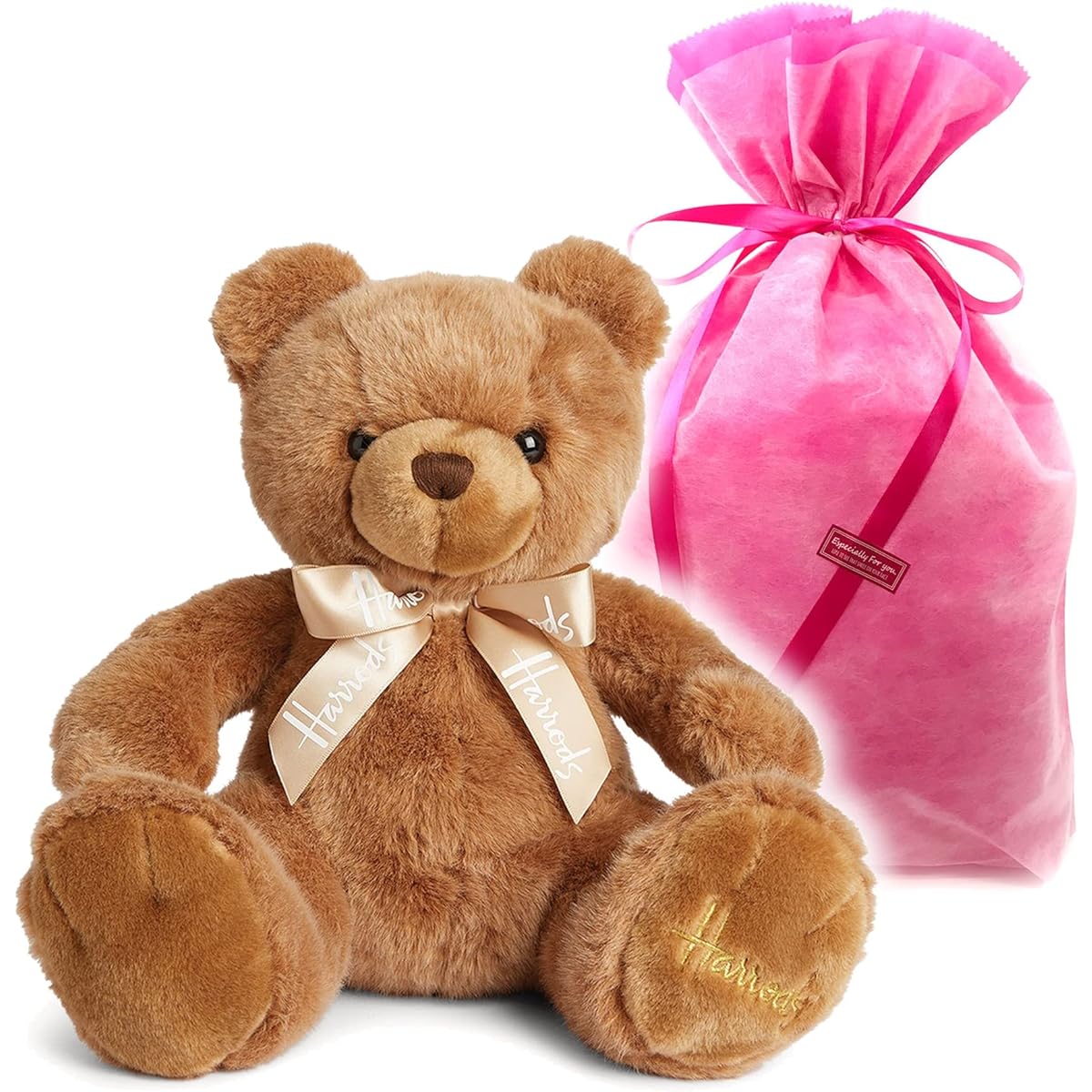 British Harrods Margarita Teddy Bear Plush Toy with Heart Original Wrapping Set (Margarita Bear (sitting height 25cm) in pink bag) [Parallel import]