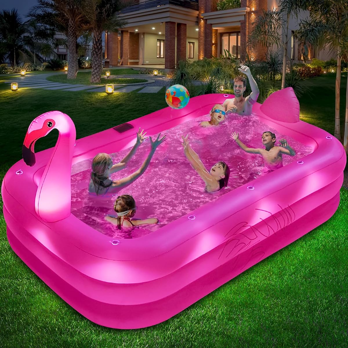 Inflatable Pool with Lights, 2024 Solar Flamingo Swimming Pool for Kids, Adult Inflatable Blow Up Pool, Large Kids Pool, Durable Thickness 105"x65"x25" For Backyard, Outdoor Inflatable Family Pool