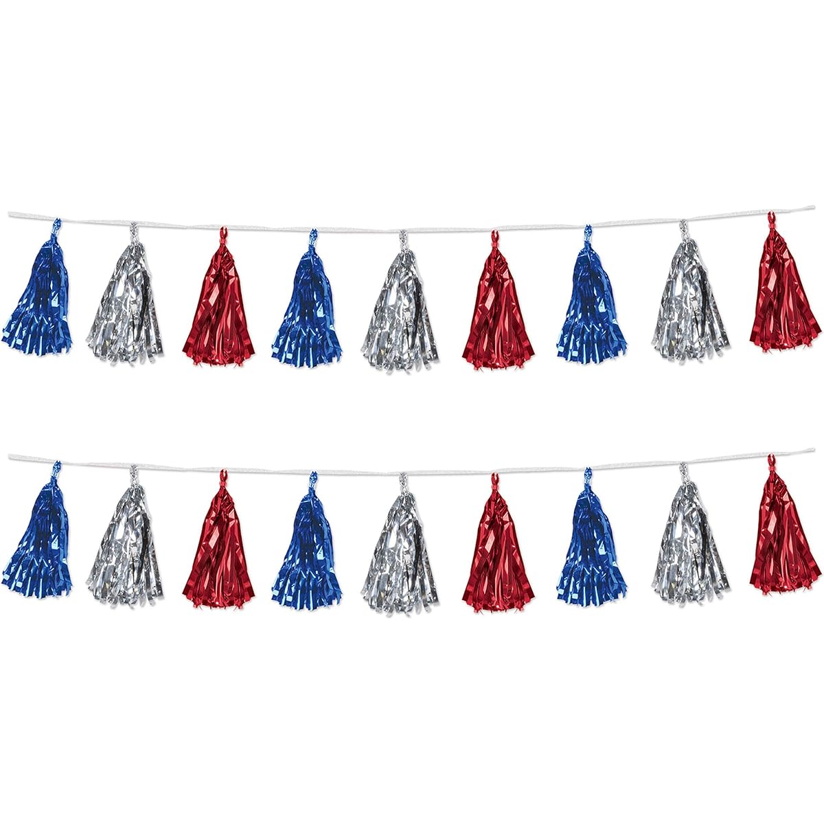 Beistle Beistle Metallic Tassel Garland 2 Piece 9.75" x 8' 9.75" x 8' Red/Silver/Blue
