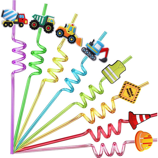 24 Construction Party Favors Straws Construction Birthday Party Supplies Excavator Bulldozer Blender Truck Construction Theme Birthday Party Supplies with 2 Cleaning Brushes