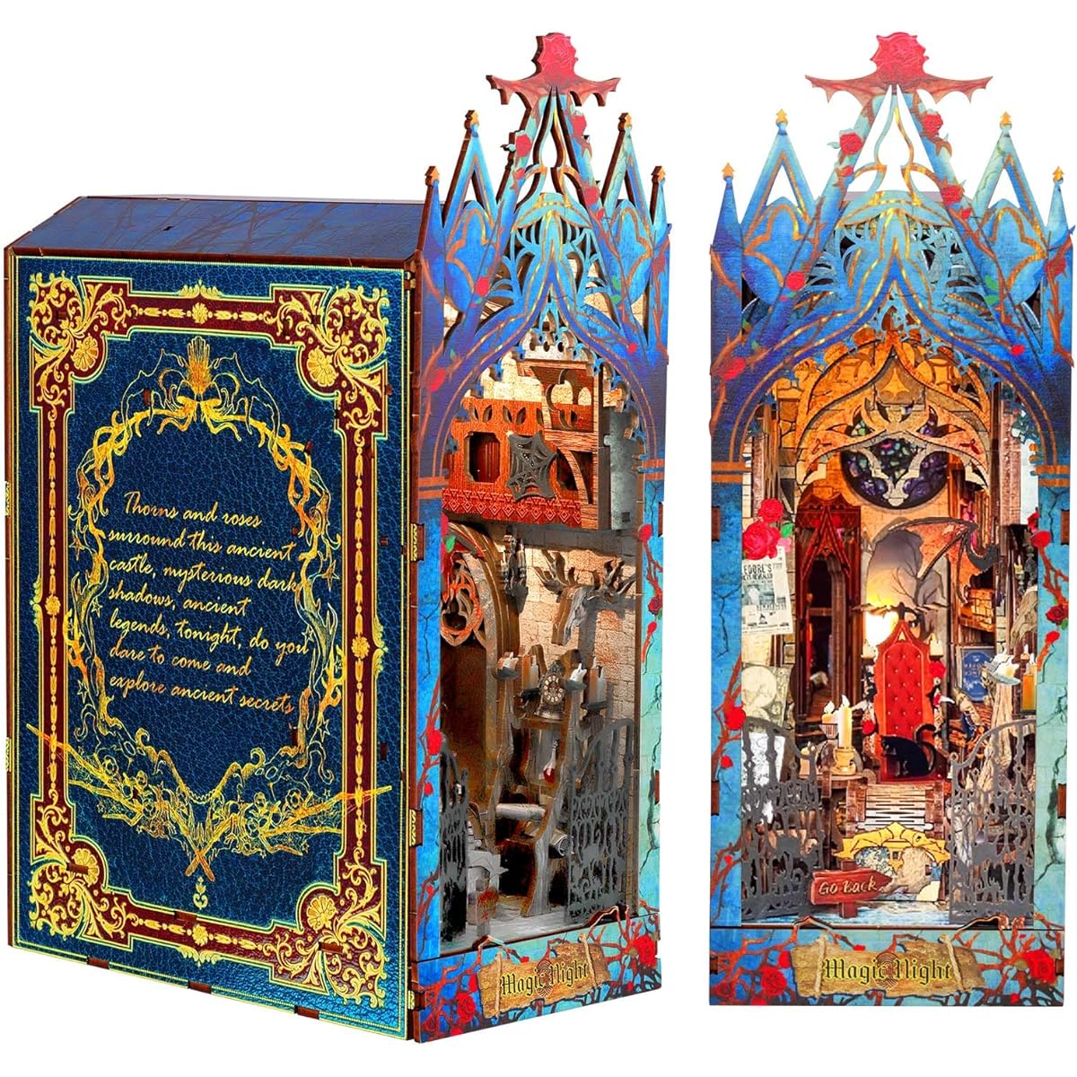 GuDoQi DIY Book Nook Kit DIY Dollhouse Wooden Bookends Bookshelf Inserts DIY Miniature Dollhouse Kit Bookends Model for Adults Birthday Magic Night
