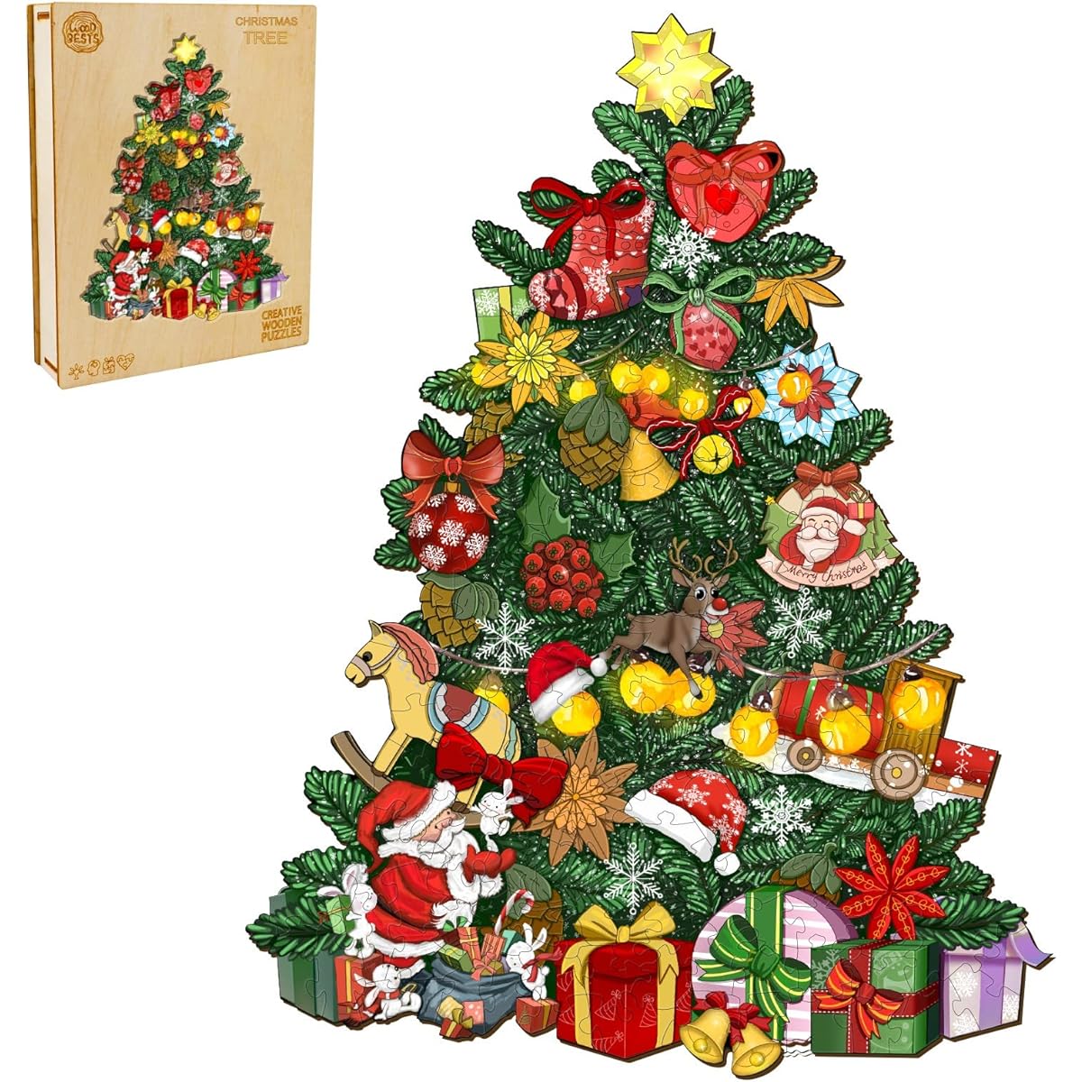 WOODBESTS Wooden Jigsaw Puzzle for Adults Christmas Tree Puzzle (XL 680 Pieces 20.5" x 26.25") Beautiful Wooden Box Puzzle Wood Unique Shapes Birthday Gifts for Adults and Kids Family Games