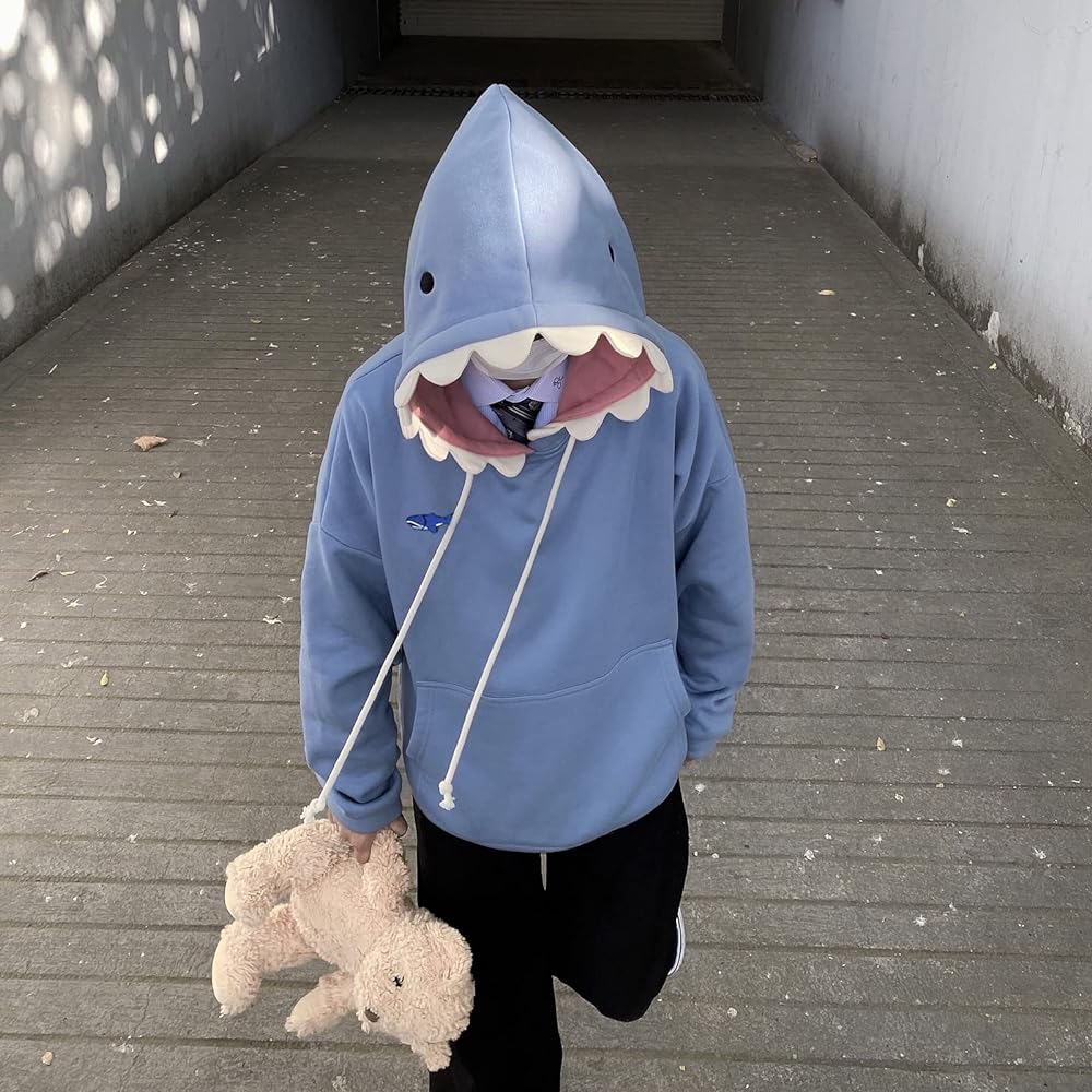[TOWYYO] Hoodie, Unisex, Cute Shark Pullover, Long Sleeve, Hooded, Korean Fashion, Warm, Large Size, Autumn, Winter, Spring, Women, Men, Blue