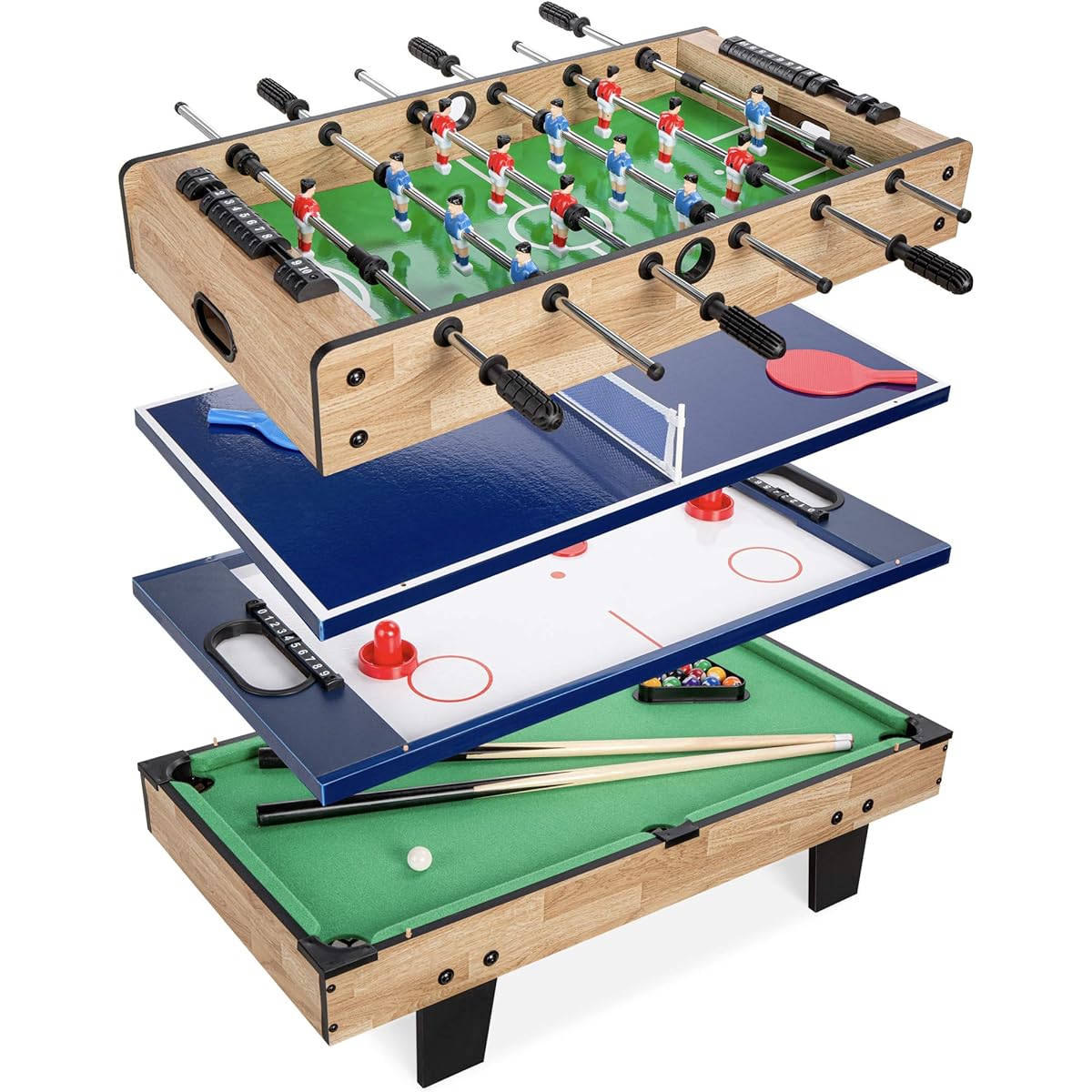 Best Choice Products 4-in-1 Multi Game Table Combination Arcade Set for Kids Home Playroom Rec Room Pool Billiards Air Hockey Foosball Table Tennis Natural