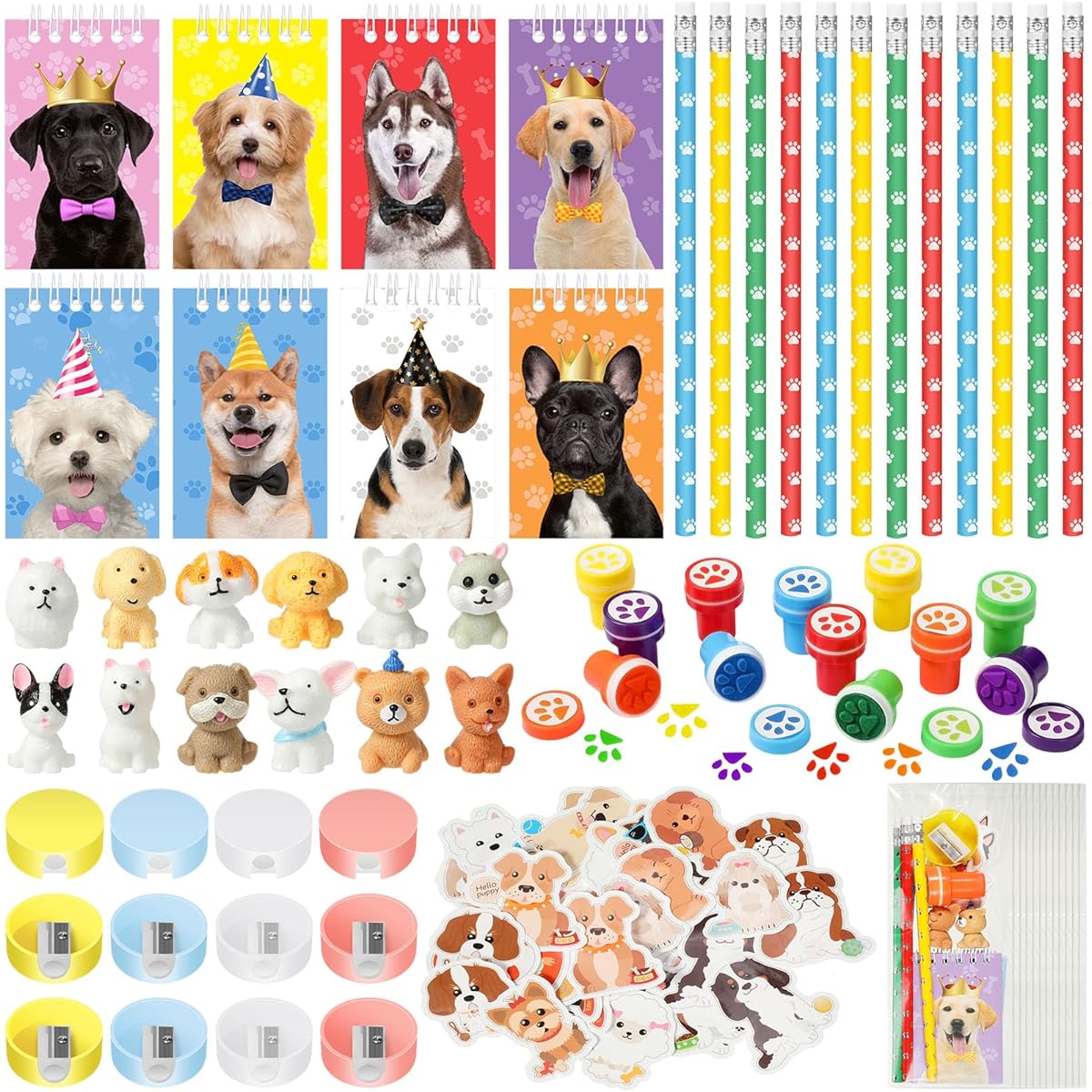 Fainne 122pcs Dog Party Favors Puppy Dog Party Supplies Dog Paw Prints Mini Notebook Pencil Stickers Pencil Sharpener Stamps Mini Puppy Toys Goodie Bags Kids Puppy Birthday Party Classroom Rewards