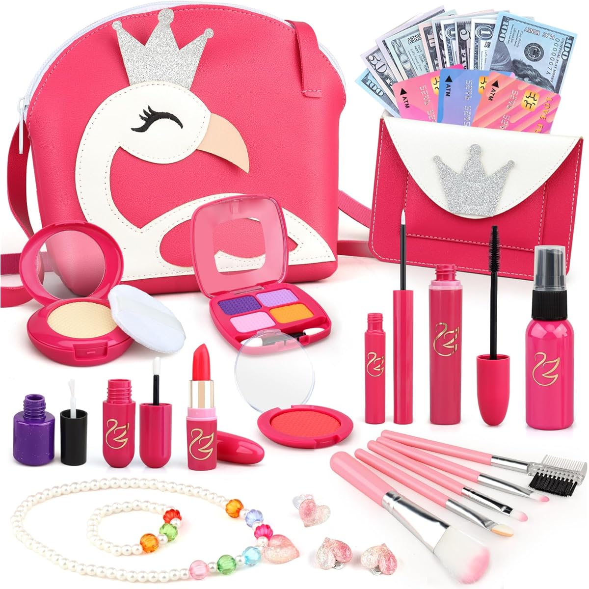 Woumserta Toddler Play House Makeup for Girls 2 Years Old 3 Years Old 4 Years Old 5 Years Old 6 Years Old Toddler Makeup Kit Fake Makeup Swan Wallet Wallet Set Jewelry Set Birthday Gift Girl Toys