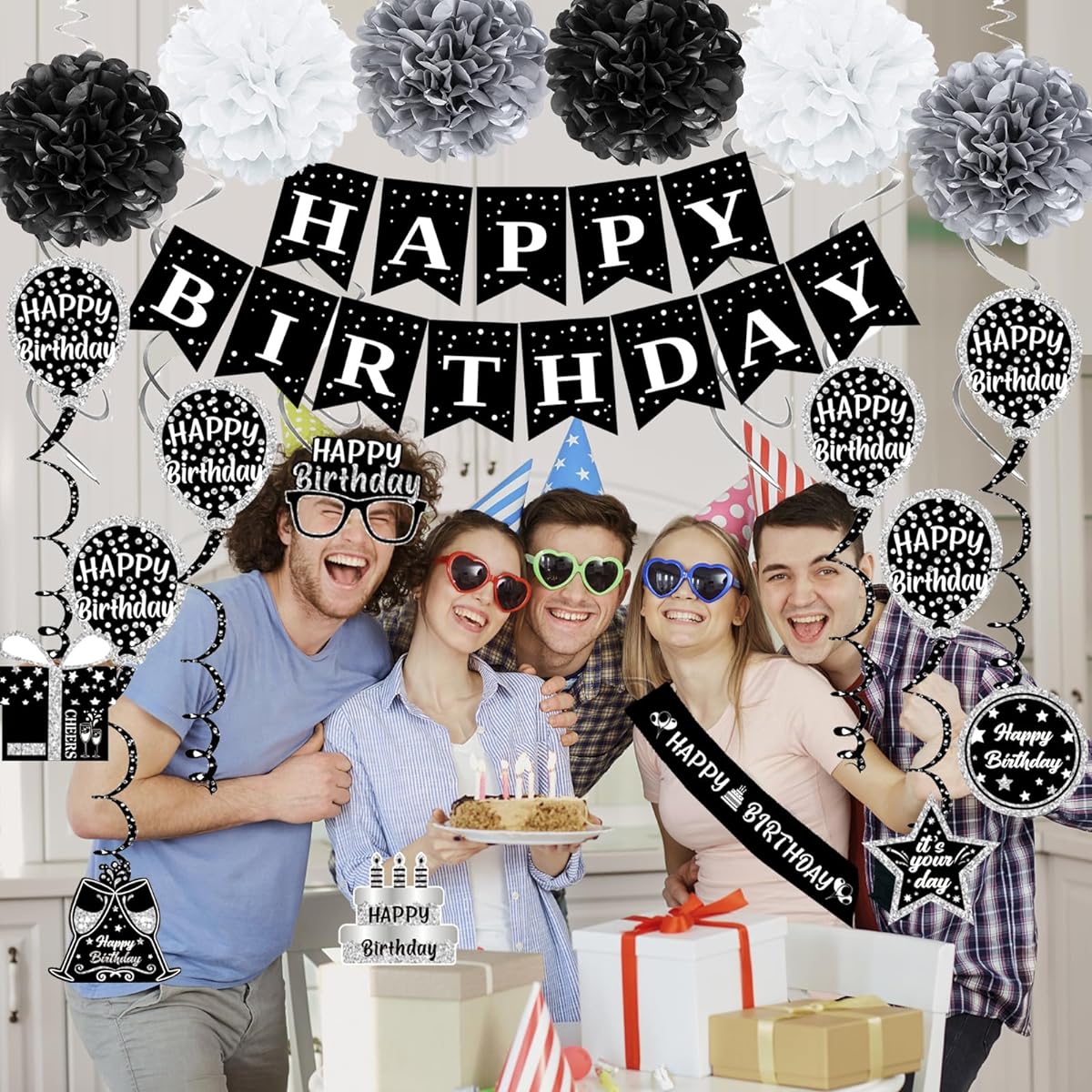 black silver white birthday decoration