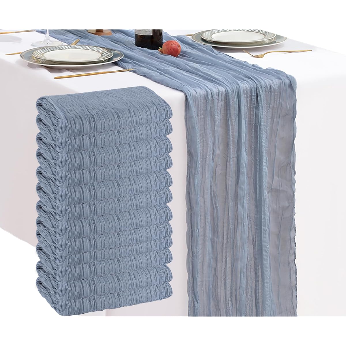 LOSKIA 10ft Rustic Cheesecloth Table Runners Bulk 35 x 118 Inch Boho Gauze Table Runners Romantic Table Runners Long Table Covers for Wedding Bridal Shower Birthday Party Table Decor Dusty Blue 12pcs