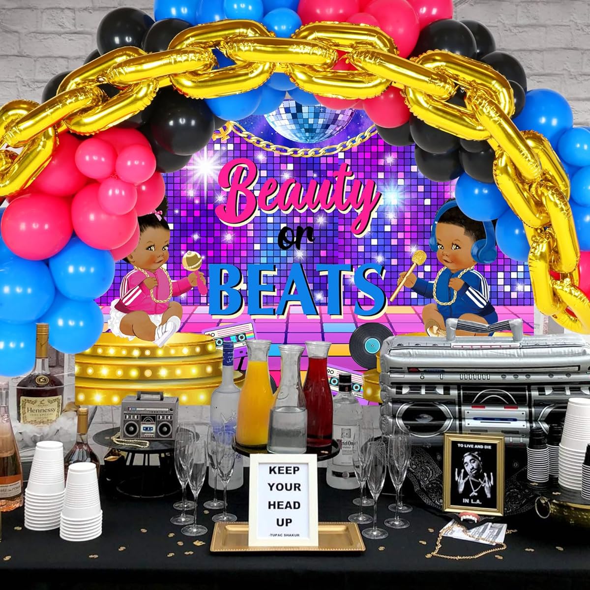 Beauty or the Beast Gender Reception Decorations Kit, 80's 90's Baby Shower Decorations - Balloon Garland Arch, Gold Foil Chain Balloons, Hip Hop Themed Backdrop