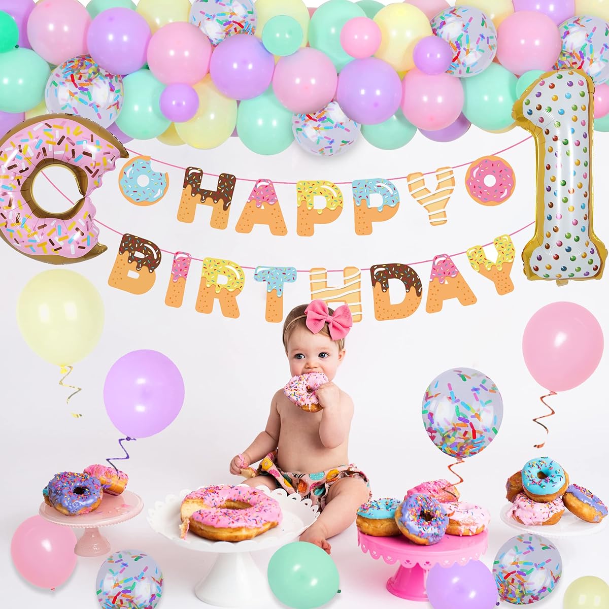 Sweet One Donut Birthday Party Decorations Girls Donut Birthday Macaron Pastel Balloon Garland Arch Kit for Donut 1st Birthday Party Decorations Happy Birthday Banner