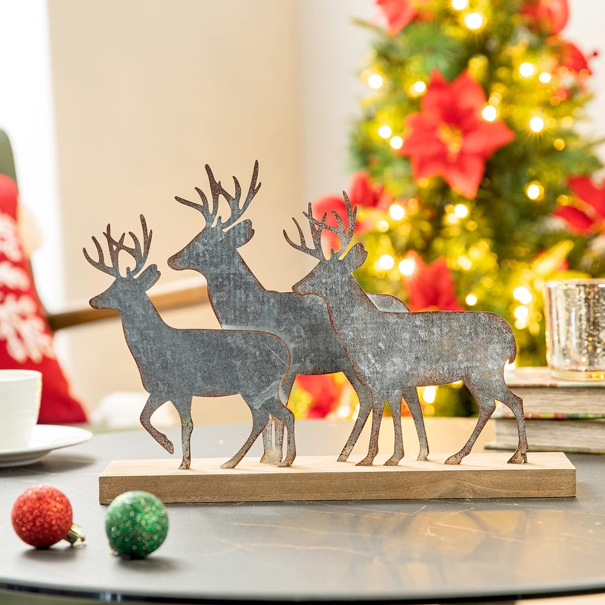 Glitzhome Christmas Table Decorations, 12.81" Metal Christmas Reindeer Decorations Galvanized Deer Ornaments Home Country Christmas Decor Rustic Christmas Desk Decorations
