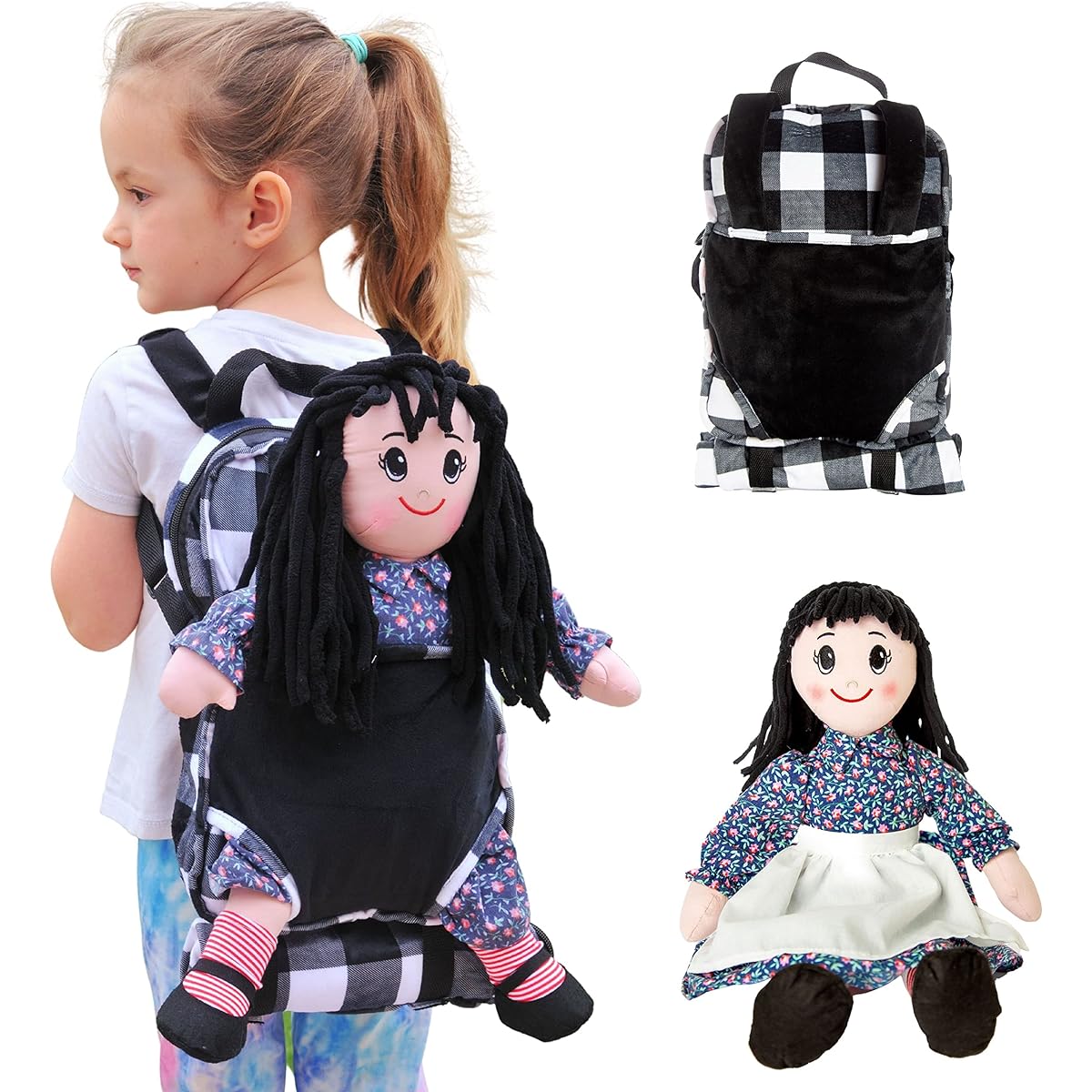 THE QUEEN'S TREASURES 18" Doll Girl and Boy Clothes Food Accessories Ragdoll 6 Piece American Black & White Buffalo Check Backpack with Sleeping Bag