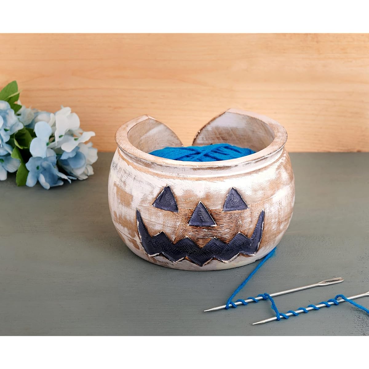 Wooden Yarn Bowl Knitting Halloween Decoration Large Crochet Yarn Holder YB2207 Handmade Crochet Accessories and Supplies Organizer 7 x 4 Inch