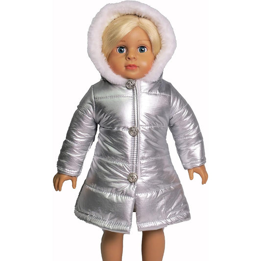 American Fashion World Silver Puffer Jacket for 18" Doll Outfit