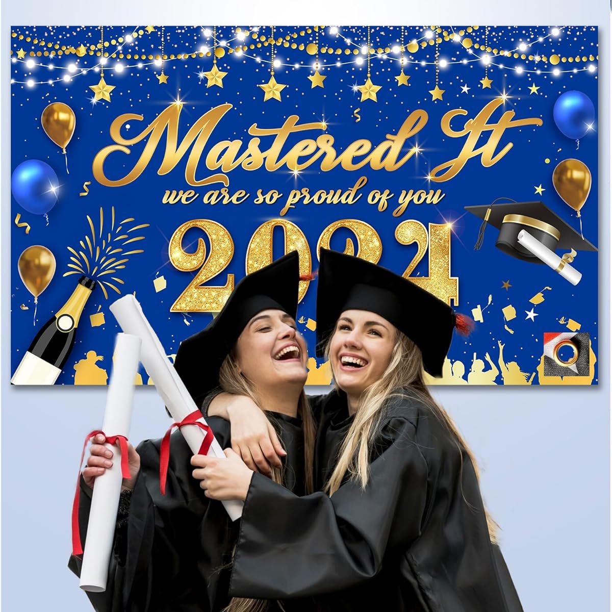 Masters graduation banner blue gold