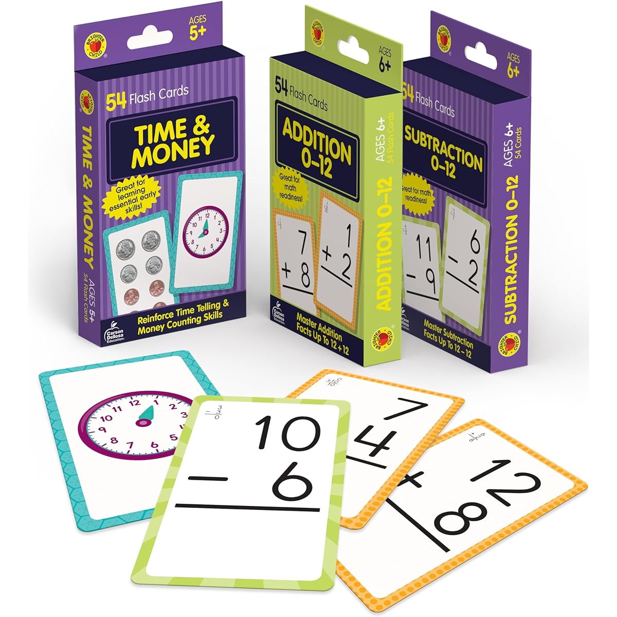 Carson Dellosa 158 Phonics and Math Flash Cards for Ages 6+, 3 Pack, Sight Word Flash Cards, Addition Flash Cards, Time and Money Number Flash Cards for 1st, 2nd and 3rd Grade