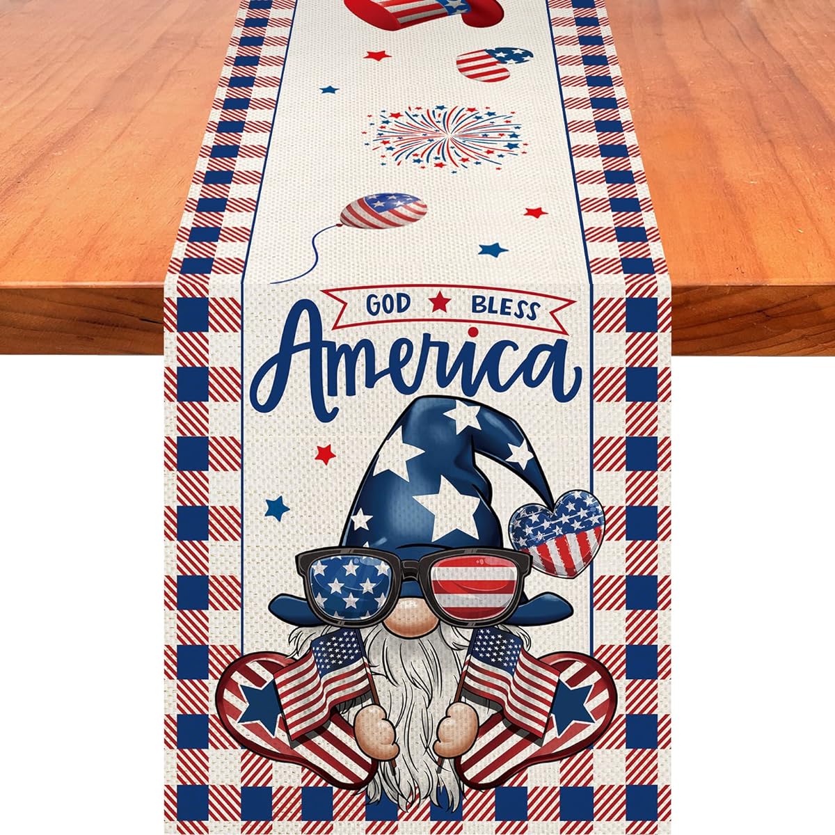 Buffalo Plaid Gnome 4th of July Patriotic Memorial Day Table Runner Independence Day Holiday Gnome Kitchen Dining Table Decor Indoor/Outdoor/Home Party Decor 13 x 72 Inch