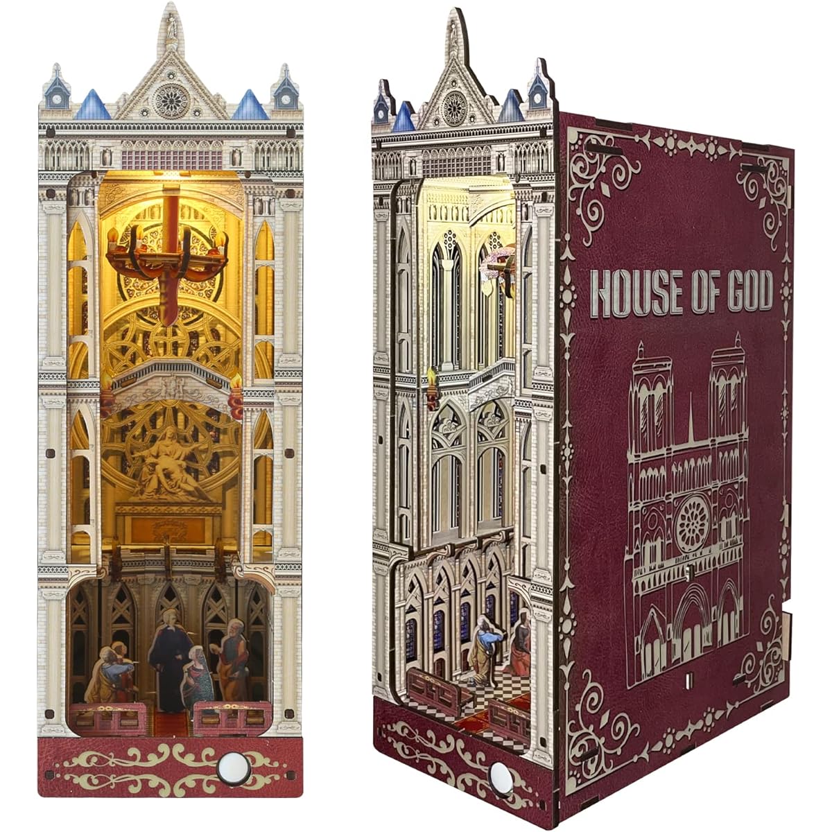 WHITE TIGER DIY Book Nook Kit 3D Wooden Puzzle Bookend Decoration DIY Miniature Dollhouse Kit Decorative Bookshelf with LED Light for Adults & Teens (Notre Dame de Paris)