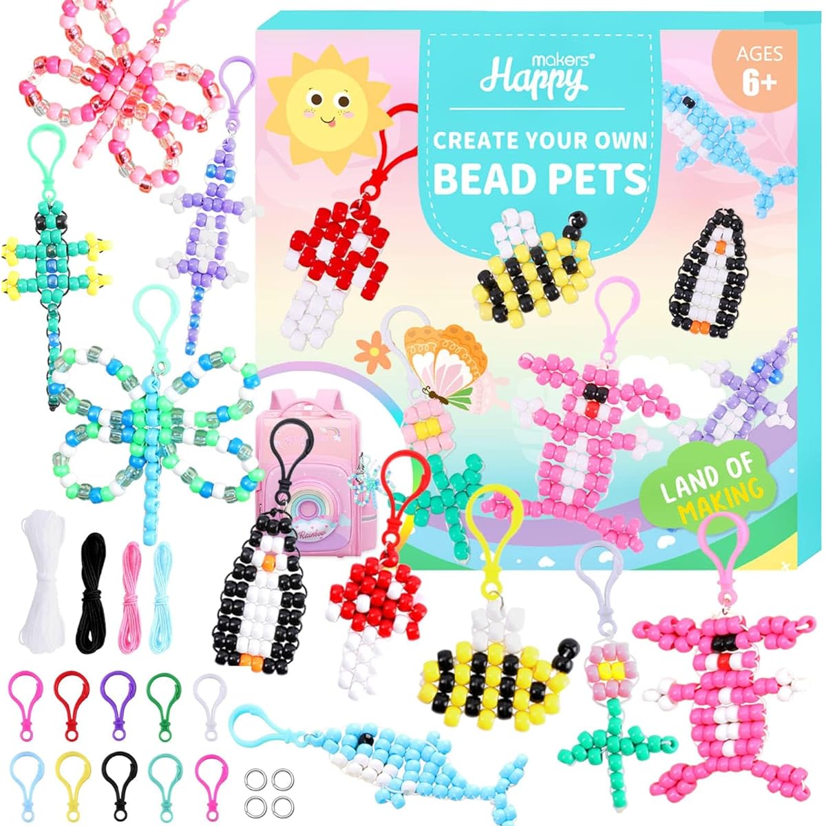 Happy Makers Beaded Pets Pony Bead Kit Multicolor Pony Bead Animal Keychain Kit with Instructions Keyring & Key Clasp Ultimate Beaded Pets Beaded Keychain Kit Art Craft Toys for Kids Beginners