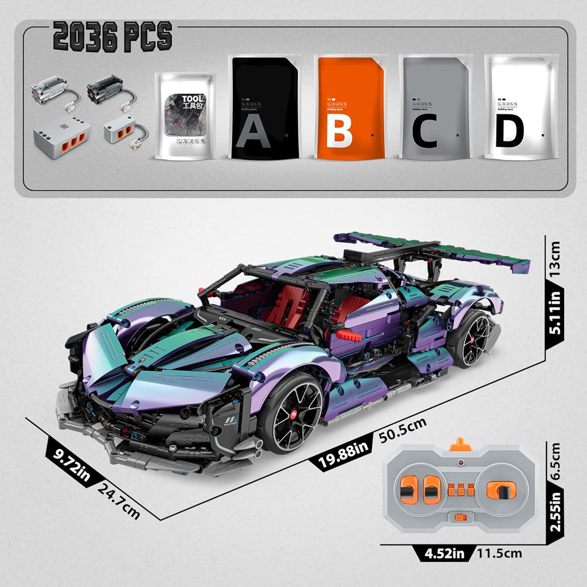 BTEC Technic Car Set for Adults 1:10 Scale Sports Car Building Model Kit for Men MOC Remote Control Super Car Building Blocks for Teens and Boys (2443 Pieces)