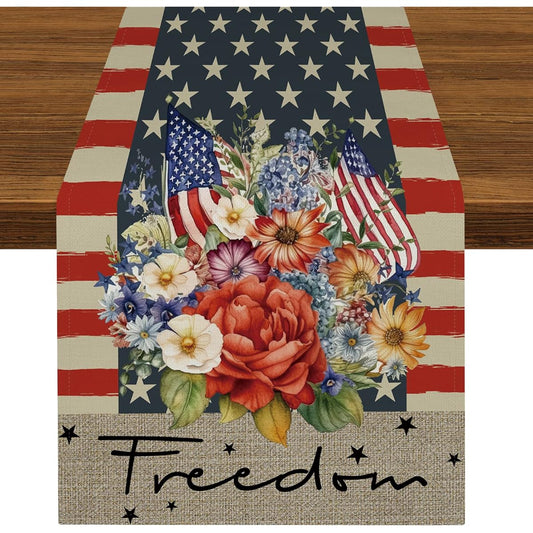 4th of July Freedom Table Runner Patriotic Floral Flag Table Runner 108" Long Kitchen Dining Table Decor Independence Day Holiday Party Indoor Outdoor Decor