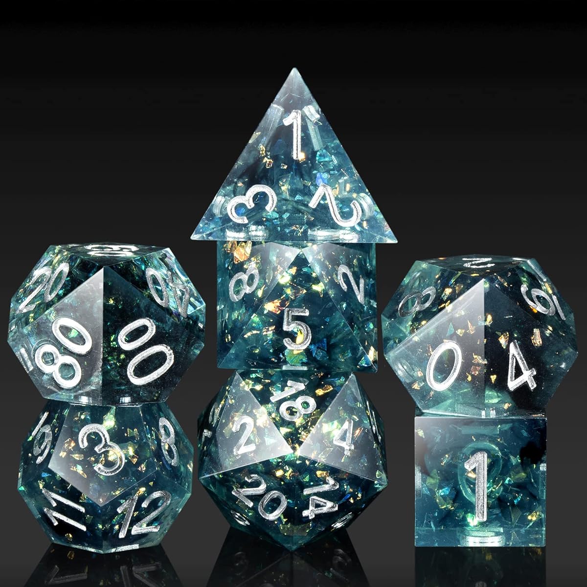 DNDND Shape Dice 7 Pieces Polyhedral Teal Swirl Black with Sequins Gorgeous Interior Gife Case for DND Dungeons and Dragons (Teal Swirl Black with Sequins)