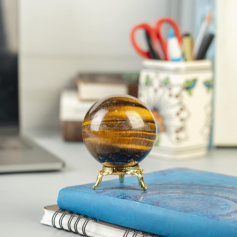 Tiger Eye Crystal Sphere Gemstone Sphere Healing Ball Sculpture Figurine Feng Shui Meditation Fortune Telling Home Halloween Decoration Photo Crystal Ball Size: 45-55mm with Crocon Stand