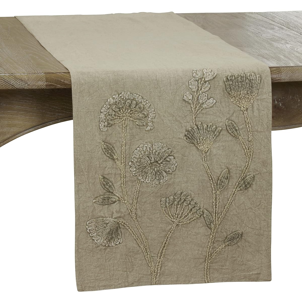 SARO LIFESTYLE Genevieve Collection Stonewashed Floral Table Runner, 16" x 72", Taupe