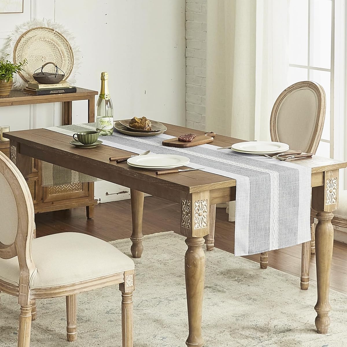 Cstalstal Farmhouse Linen Table Runner Tassel Embroidery Table Runner for Holiday Party Dresser Dining