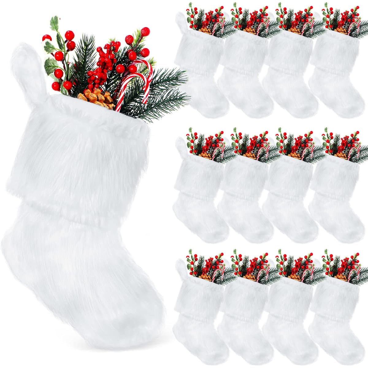 Snow White Christmas Stockings Plush Faux Fur Christmas Stockings Bulk White Christmas Decorations Large Fireplace Hanging Stockings Christmas Candy Gift Bags Family Party Decorations (12pcs, 15inch)