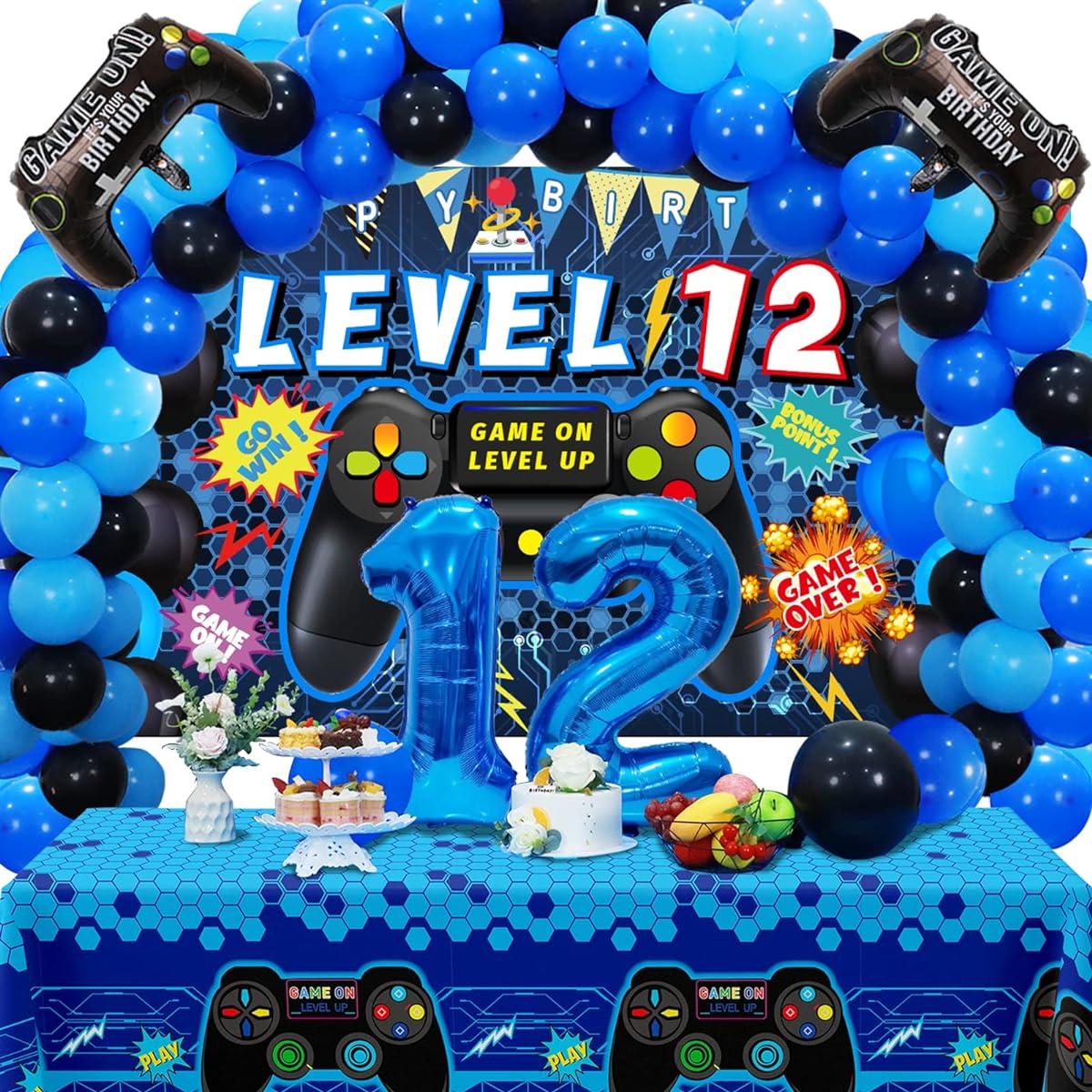 Vlipoeasn 90pcs 12th Birthday Video Game Party Decorations Set for Boys Blue 12th Birthday Supplies 12 Video Game Backdrop Balloons Tablecloth Gamer 12 Foil Balloons for 12th Birthday Party