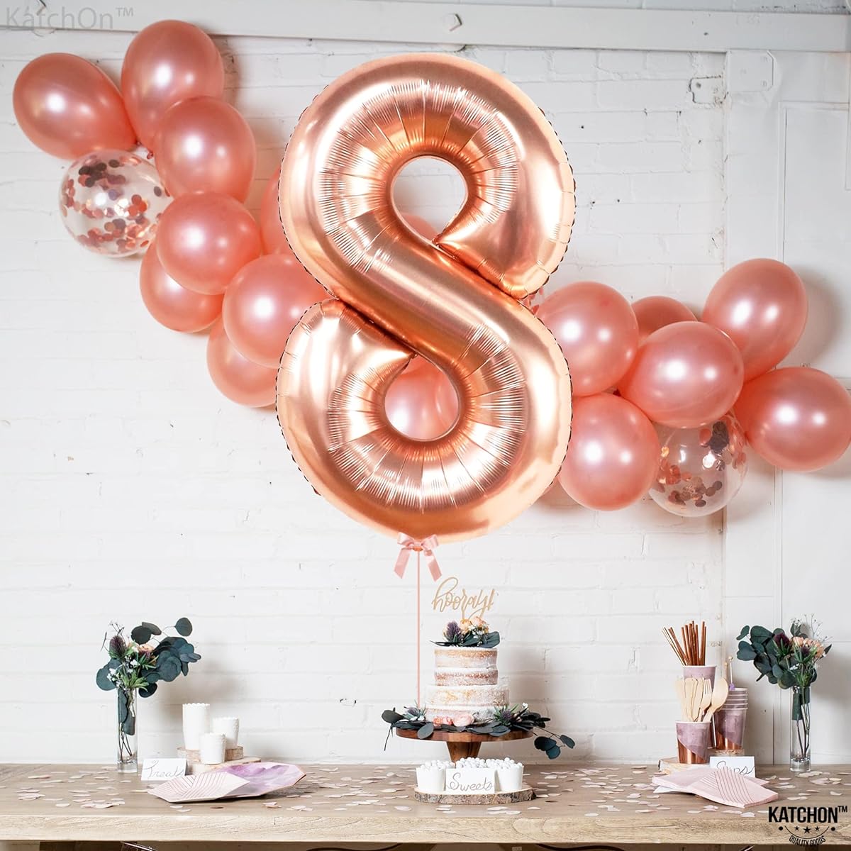 KatchOn Rose Gold 8 Balloons Giant 40 Inch Mylar Eight Balloons | 8th Rose Gold Balloons for Girls 8th Birthday Decorations | Rose Gold Number 8 Balloons | 8th Birthday Party Supplies