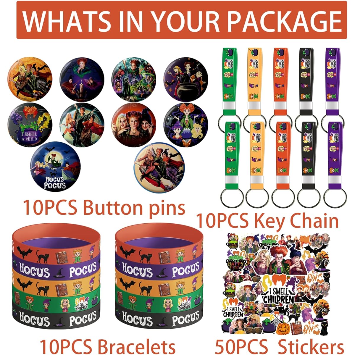 lalamia Witch Party Supplies 80pcs Witch Party Favors, 10pcs Witch Bracelets, 10pcs Witch Pins, 10pcs Keychains, 50pcs Witch Party Decoration Stickers