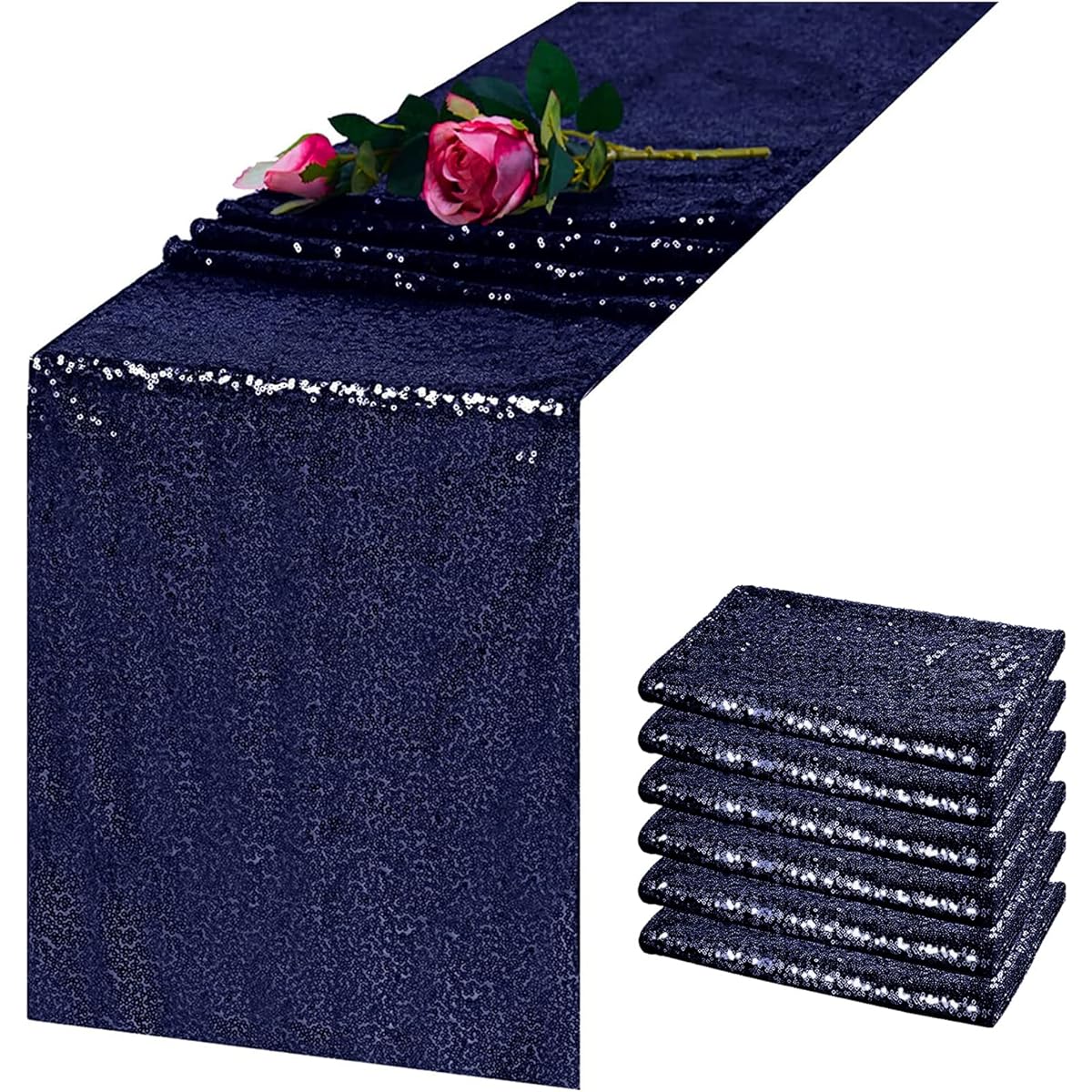 TCBESTO Navy Blue Sequin Table Runner 12" x 72" Silver Metallic Sequin Table Runner Sparkly Silver Party Decorations Baby Shower Wedding Christmas Birthday Party Supplies Fabric