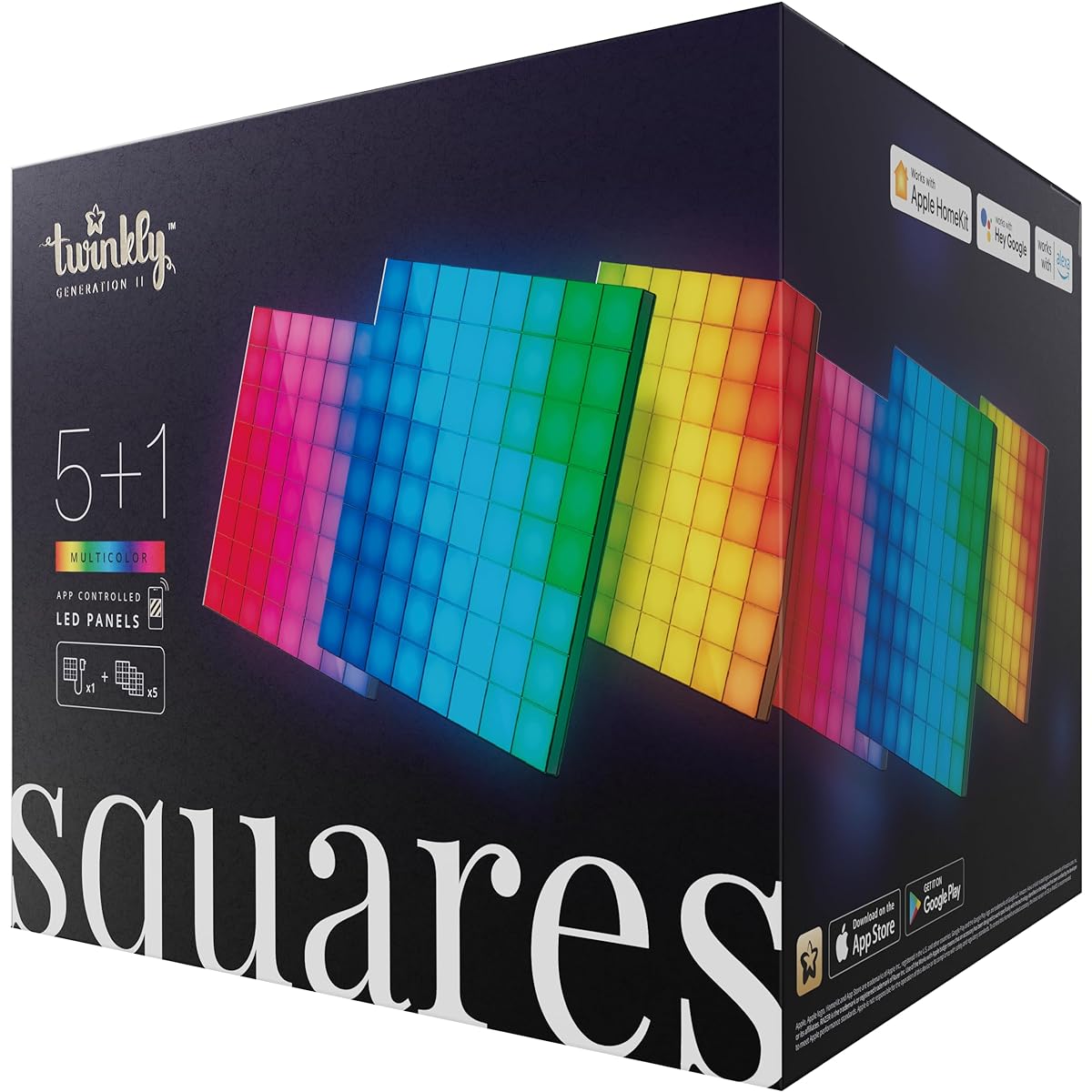 Twinkly Squares Starter Kit – App-Controlled LED Panels Black. 1 Master Tile + 5 Extension Tiles. Indoor Smart Home Lighting/USB-C Adapter Not Included