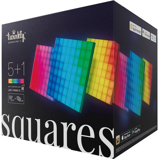 Twinkly Squares Starter Kit – App-Controlled LED Panels Black. 1 Master Tile + 5 Extension Tiles. Indoor Smart Home Lighting/USB-C Adapter Not Included