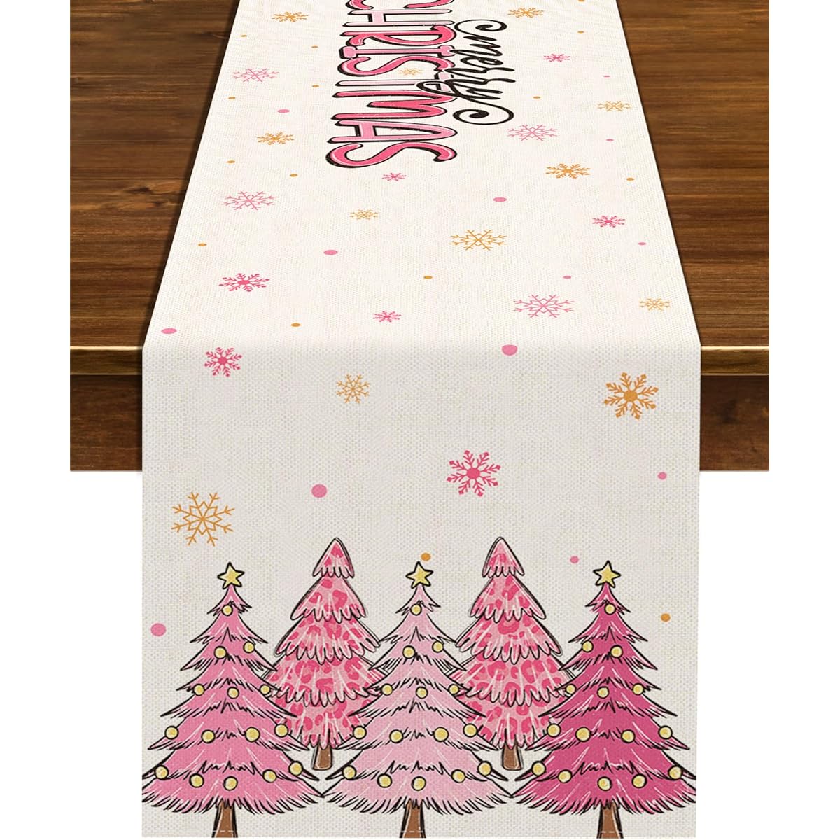 Nepnuser Pink Christmas Table Runner Merry Christmas Tree Winter Holiday Party Decorations Seasonal Home Kitchen Dining Room Island Decor (13" x 90")