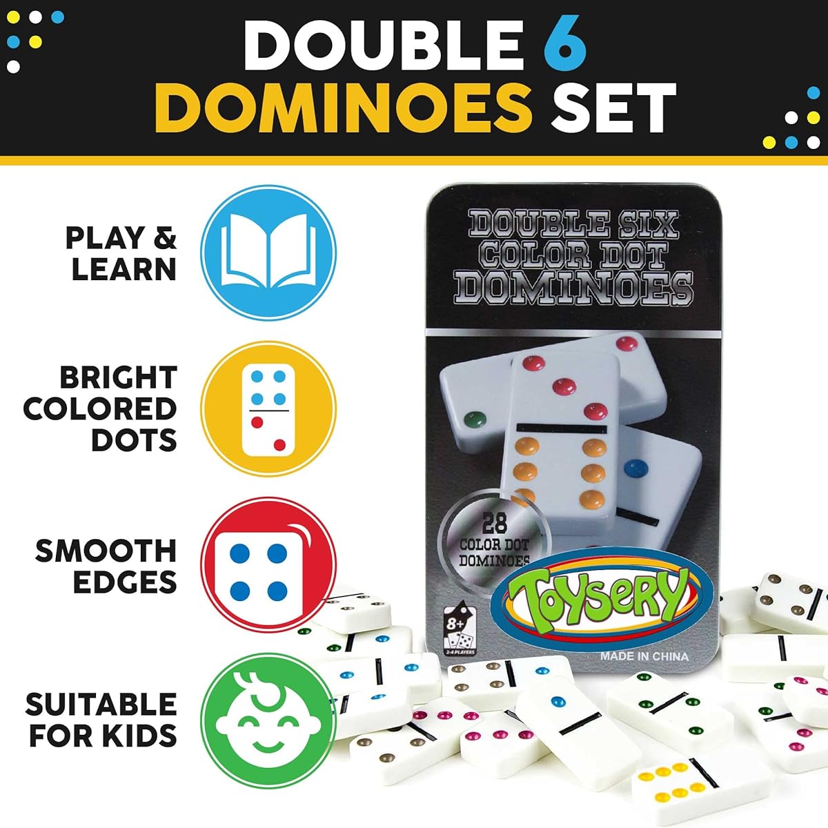 Toysery Double 6 Colour Dot Dominoes Game Set - White Dominoes 28 Piece Set Toy in Tin Case - Six Dot Dominoes Match & Educational Game