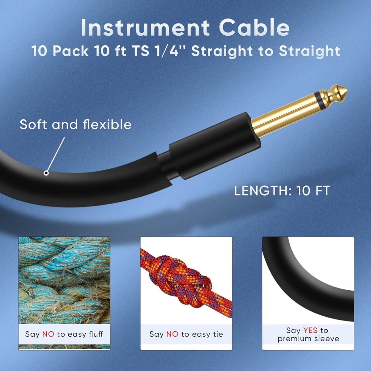 Xuhal Guitar Cable 10ft TS 1/4" Straight to Straight Instrument Cable 6.35mm Male Jack Stereo Audio Interconnect Cord Black Balanced Guitar Cable for Amplifier Keyboard Electric Bass Amplifier